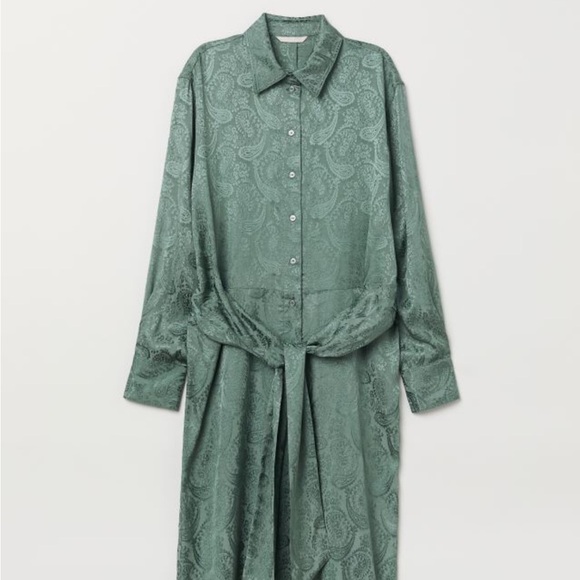 H&M Green Jacquard Paisley Print Weave Button Up Lace Dress - Picture 1 of 9